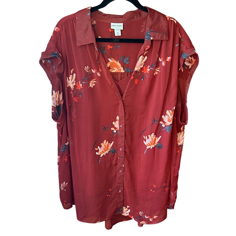 Ava & Viv Womens 3X Burgundy Floral Button Down Blouse Short Sleeve Camisole
